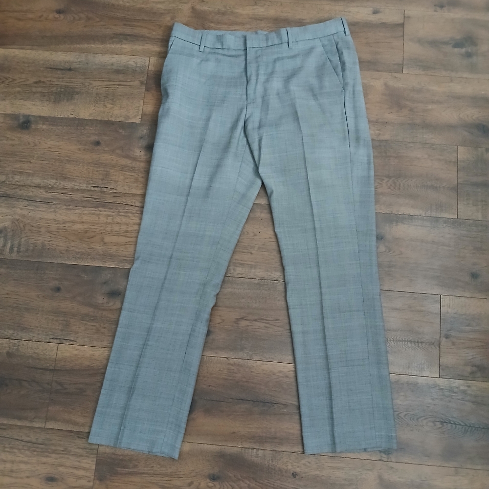 Gray Plaid Dress Pants, Wool Blend Straight Fit Pant